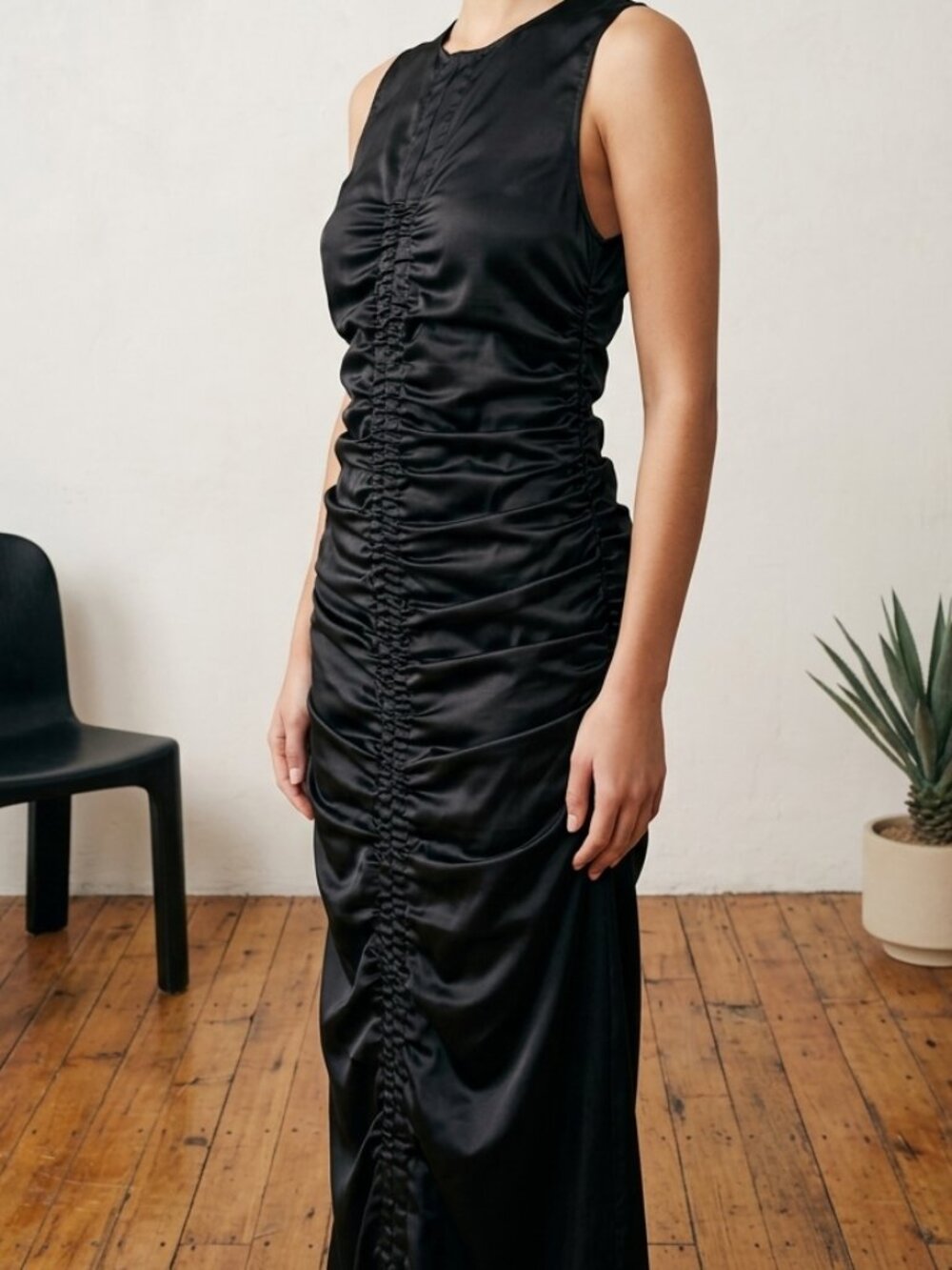 NWT WRAYโ NYC Black Satin Ruched Josephine Midi Dress Size M Medium